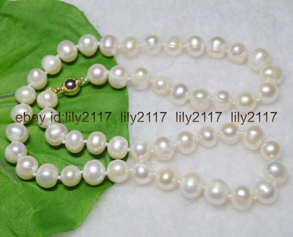 Genuine Natural 8-9mm White Akoya Cultured Pearl Necklace – 18 Inch, Yellow Gold Plated, Handmade, Baroque-618962