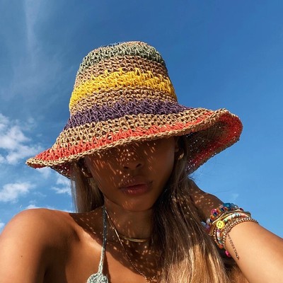 Boho Rainbow Striped Crochet Bucket Hat Women