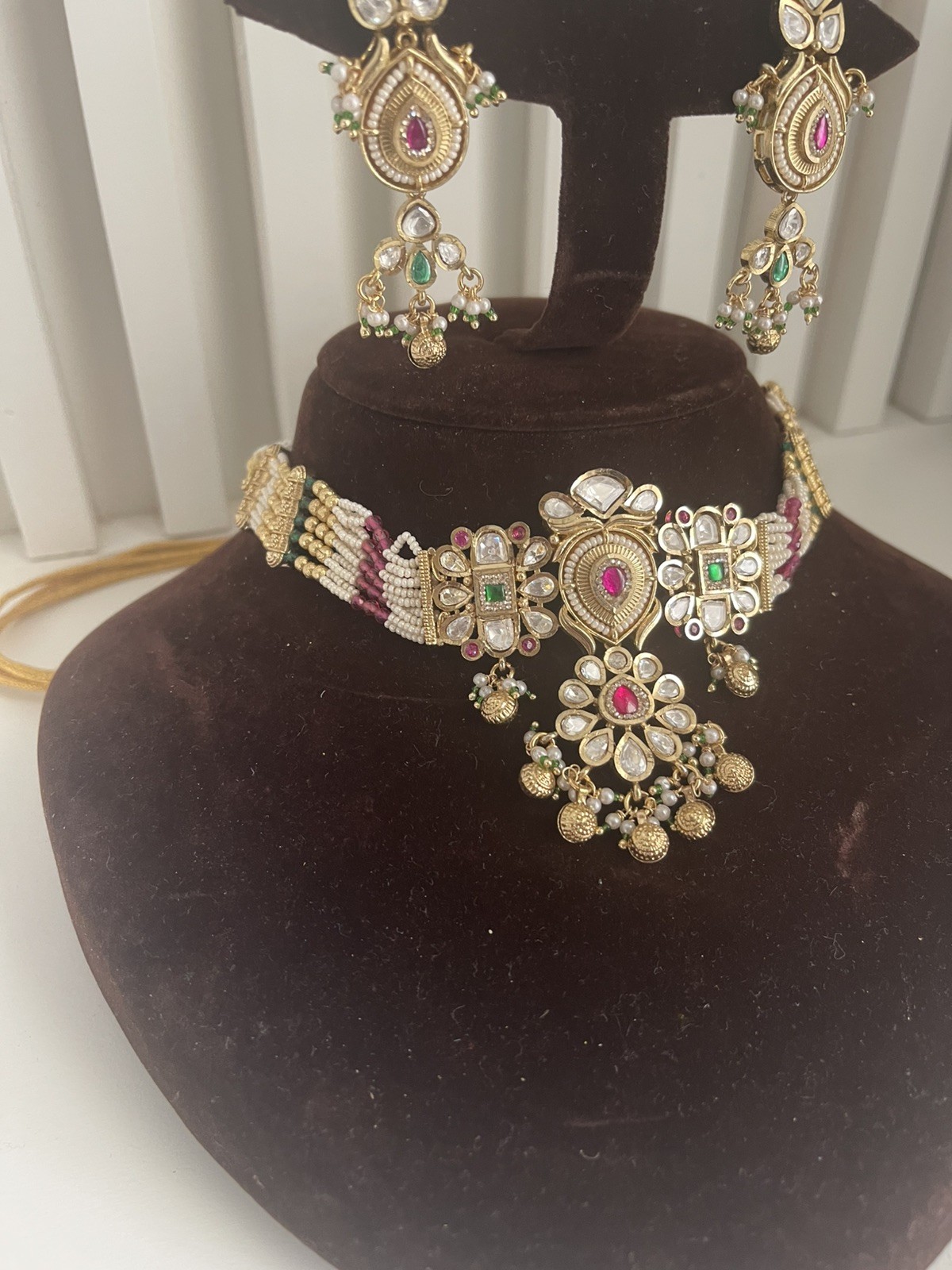 Indian Bollywoo  Kundan Choker Bridal Necklace Earrings Jewelry Set with beads
