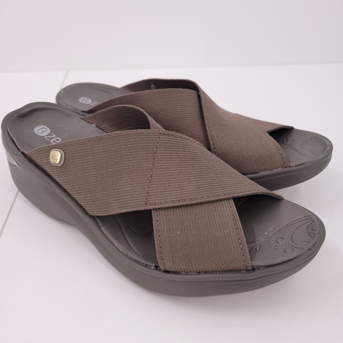 Bzees Desire Morel ST Gray Slide Sandals Platform Stretch Womens