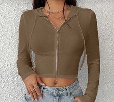 Brown Women's Full Zip Cropped Hoodie Long Sleeve