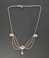 Women's Vintage 90s Silver Tone Rhinestone Flower Drape Adjustable 18" Necklace