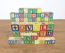 Lot of 69 Vintage Wood Children  s Toy Alphabet Picture Number Blocks 3 Sizes