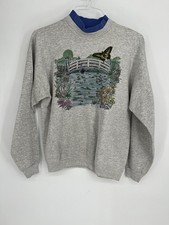 Vintage Morning Sun Mock Neck Sweatshirt Sz L Pond Scene Florals Butteflies