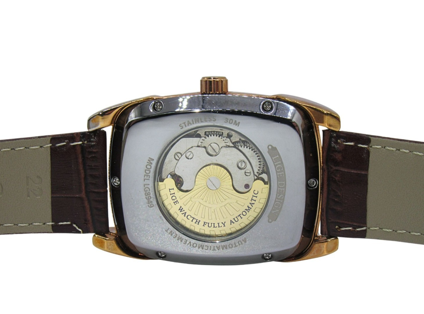 LIGE Rectangle Automatic Moon Phase Brown Leather… - image 10