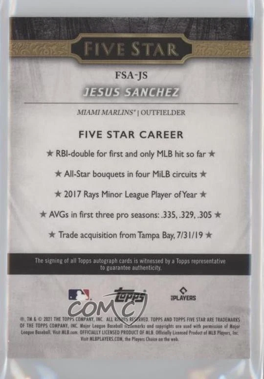 2021 Topps Five Star Auto Gold /10 Jesus Sanchez #FSA-JS Rookie Auto RC - Image 2 of 2