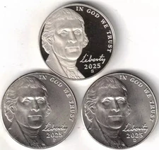 2025 P D S San Francisco Proof Jefferson Nickel with Philadelphia & Denver Coins