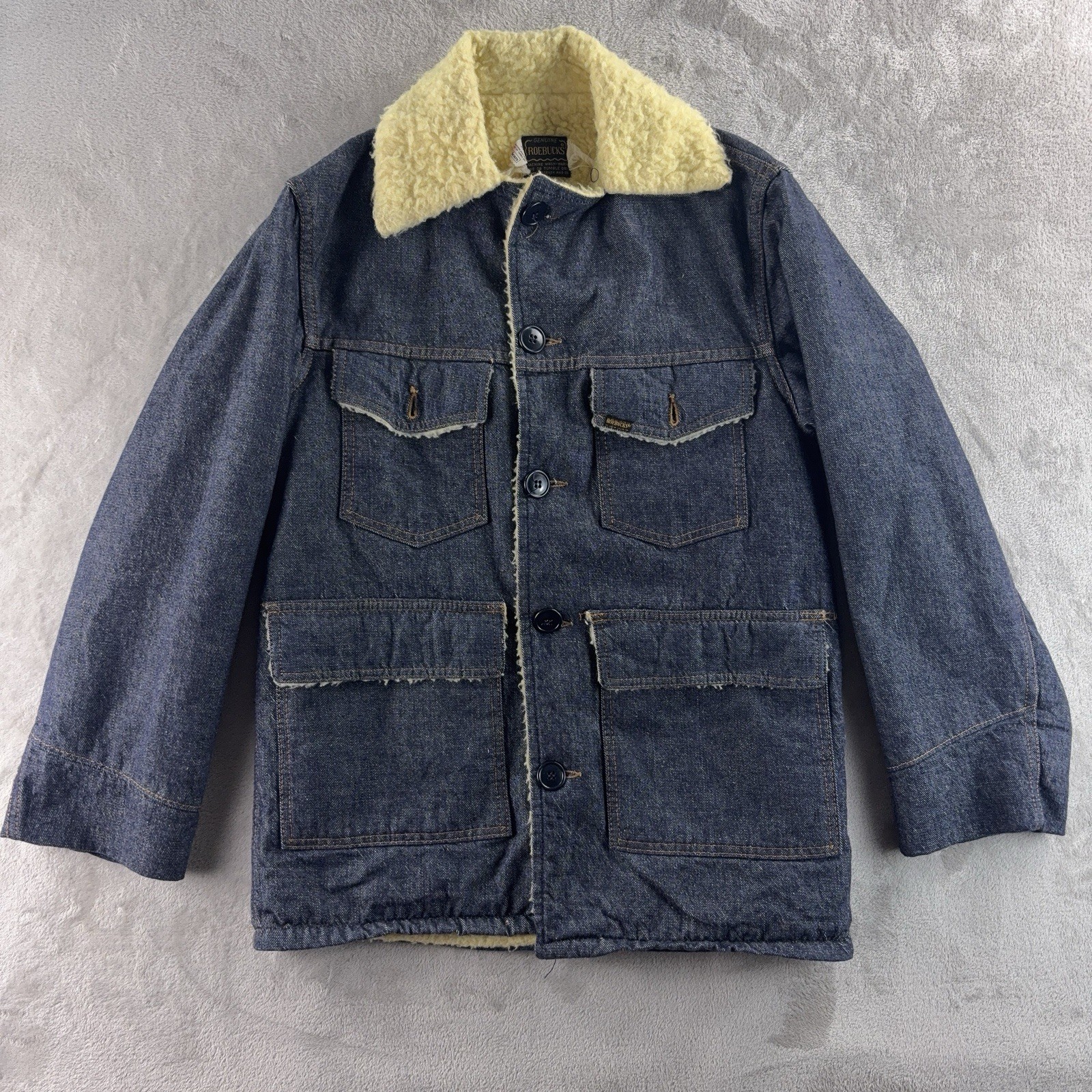 Roebucks Chore Jacket Mens Size 34 Blue Denim Sherpa Lined Western Vintage Sears