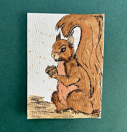 Original watercolor, ACEO art card. OOAK. Tiny art. Nature, squirrel, signed art