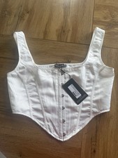 PRETTYLITTLETHING White Satin Boned Corset Top Front Hook Eye Wide Strap US 10