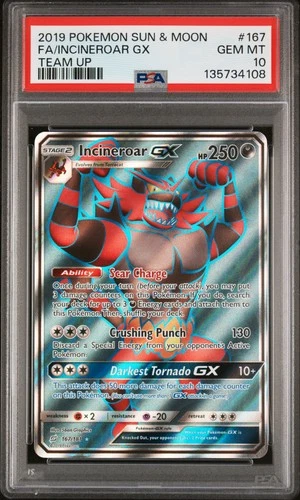 2019 POKEMON SUN & MOON TEAM UP #167 FULL ART/INCINEROAR GX PSA 10