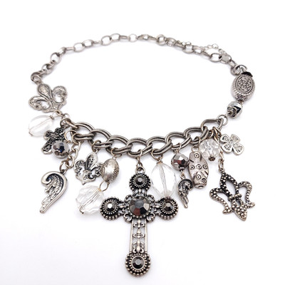 Silver Tone Charm Necklace Cross Rhinestone Fleur De Lis Bead Gothic