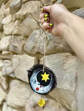 Hand Painted Round Moon Stars Car Charm on Twine, Yellow Dice