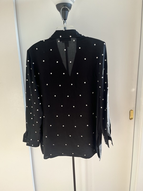 Diane Gilman Designer 100% Silk Shirt Long Tunic Top Blouse Black w Rhinestones