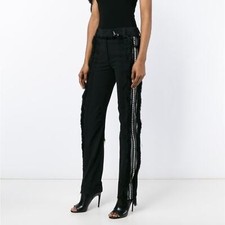 Paco Rabanne S/S 2016 Searsucker Striped Fringe Trim Straight Leg Pants, EU 40