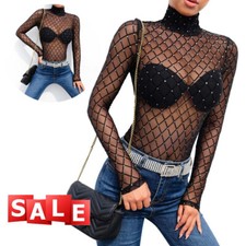 Womens Sheer Mesh See Through Long Sleeve Top Shirt Turtleneck Bodysuit Jumpsuit