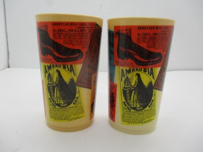2 Vintage Deka Plastic Cups Old Advertising Posters Corset Cover Wanted Poster