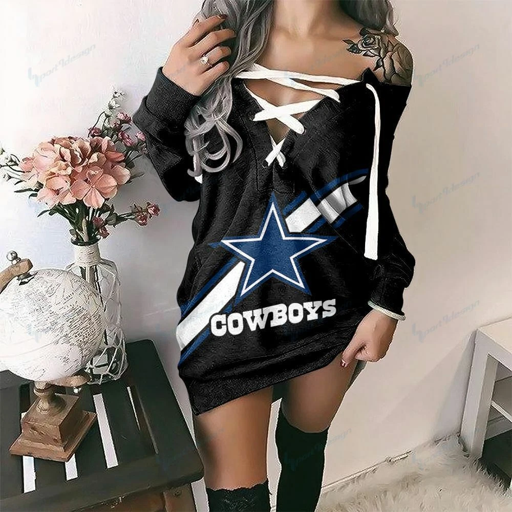 Dallas Cowboys Women Lace up V Neck Hoodie Dress Off Shoulder