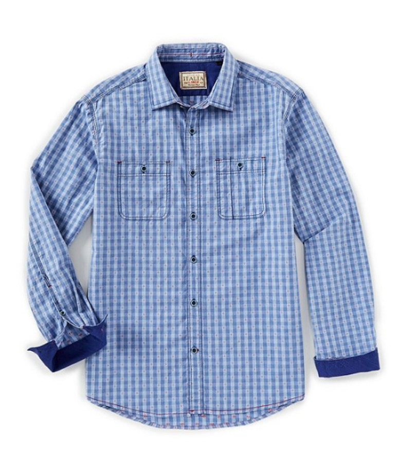 Винтажная итальянская клетчатая тканая рубашка Dobby с длинным рукавом, ДЖИНСОВО-СИНЯЯ, S