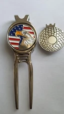1 SET OF GOLF DIVOT TOOL & MAGNETIC HAT CLIP WITH US FLAG W/ EAGLE BALL MARKER 