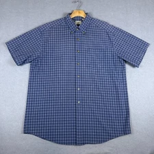 L.L. Bean Mens L Short Sleeve Button Down Shirt Blue Windowpane Plaid Cotton