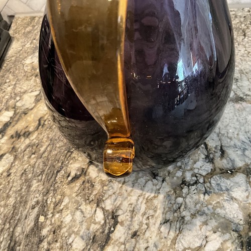 Large Blenko Handblown Glass Amethyst Pitcher Applied Amber Handle - Picture 7 of 7