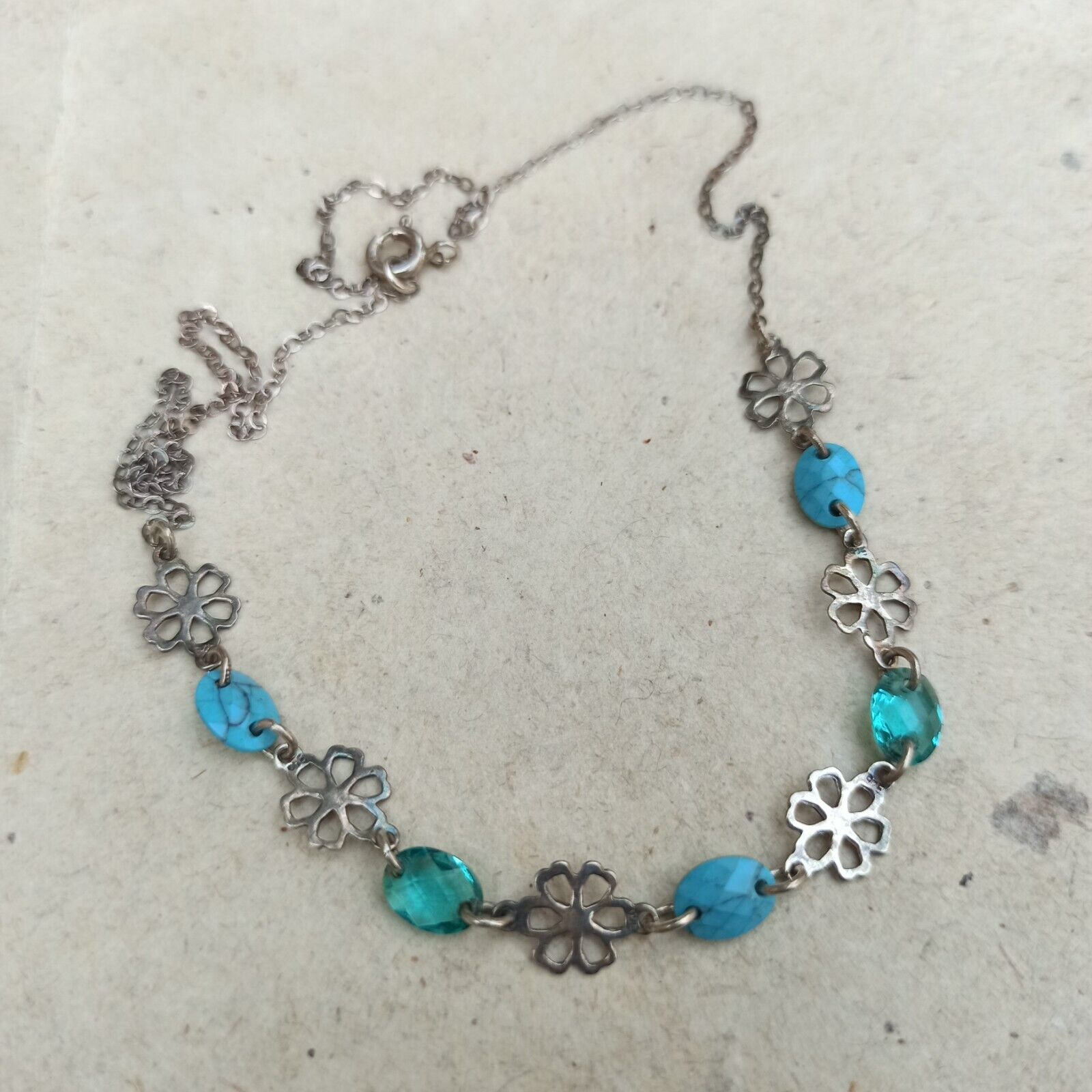 Dainty Silver Necklace Simulated Turquoise Beads … - image 4