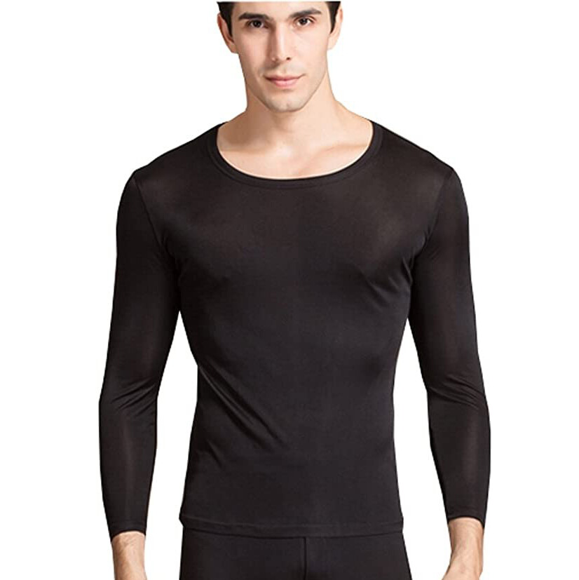 Men 100 Mulberry Silk Long Sleeve T shirt Tee Underwear Scoop Neck