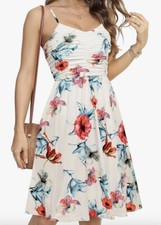 Women’s White Floral Flowy A-Line Spaghetti Strap Ruche Bust Dress Medium