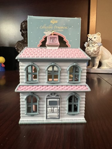 Russ Collectible Ornaments Holiday House Blue Pink Trim Christmas Hanging Model - Picture 3 of 6