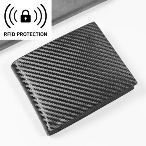 Cartera de cuero de fibra de carbono para hombre con bloqueo RFID delgada doble pliegue titular de tarjeta de crédito - Imagen 2 de 10