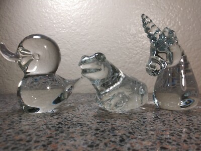 (3) Vintage Clear Art Glass Unicorn Frog Duck Figurine Paper Weight Lot