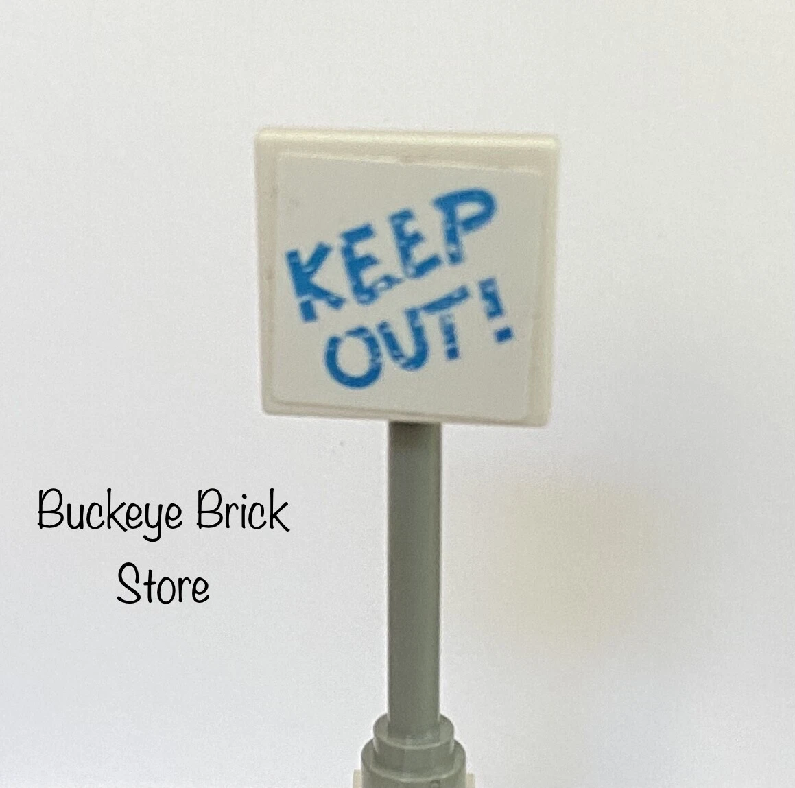 LEGO Road Sign KEEP OUT on Light Gray Pole Blue Letters
