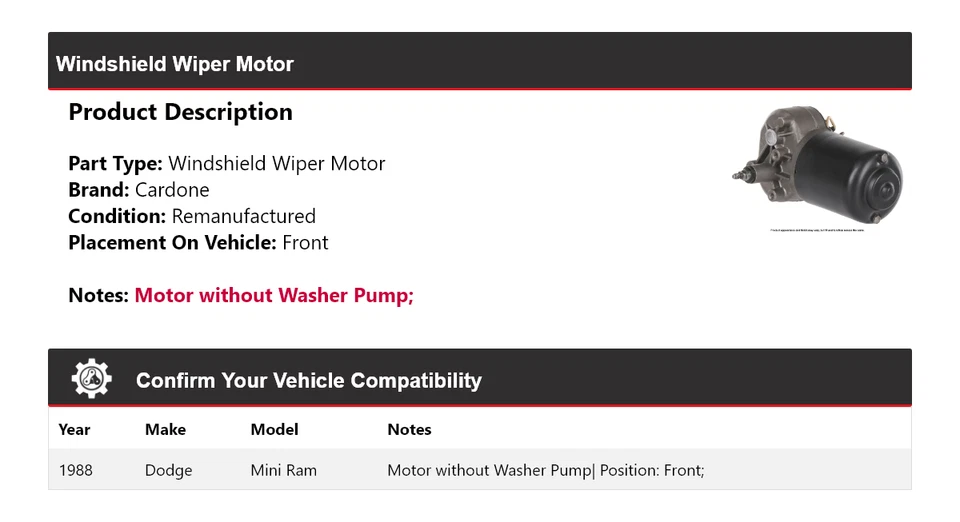 For 1988 Dodge Mini Ram Windshield Wiper Motor Front Cardone - Image 2 of 4