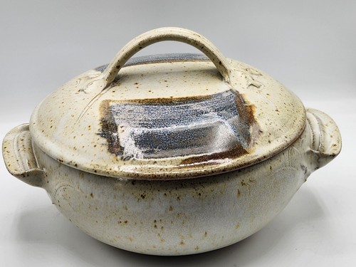 Signed Stoneware Steam Pot Handmade Speckled Clay Pottery Handles Lid - Picture 5 of 17