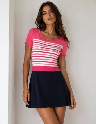 Courreges Paris Striped A Line Mini Dress Pink Navy Size EUR 38 US 6 Mod Y2K