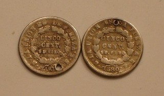187? & 1880 SILVER 5 Centavos of Bolivia holed