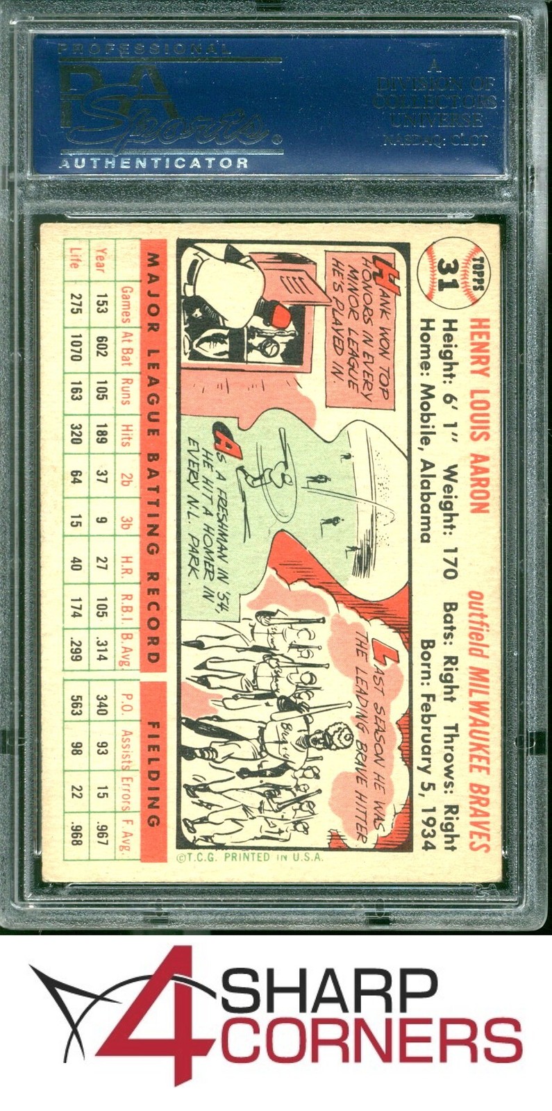 1956 TOPPS #31 HANK AARON BRAVES HOF WHITE BACK PSA 5 view 2