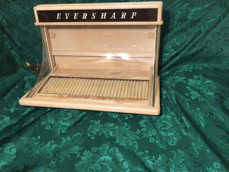 Eversharp display case, World War II radio  WISCONSIN, Phil Baker fountain pen.