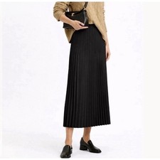 Eileen Fisher Woven Wool Silk Blend Pleated Midi Skirt Black XL New 328 Luxury
