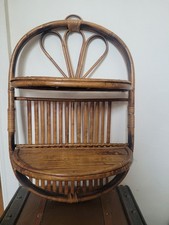 Vintage Boho Spalony bambusowy rattan 2-poziomowa składana półka ścienna - MCM Tiki Boho