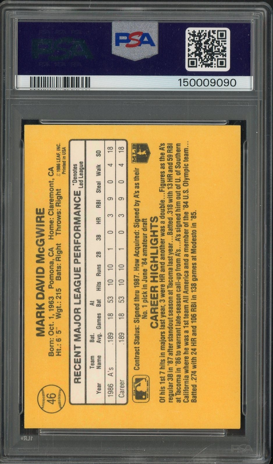 1977 Donruss #46 Mark McGwire Oakland A's RC Rookie PSA 10 GEM MINT view 2