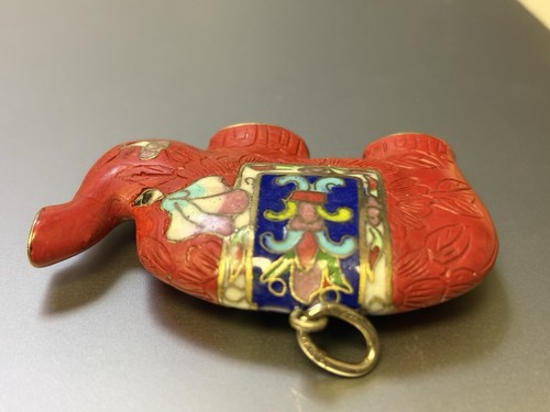 Vintage Cinnabar Carved Cloisonne Enamel Red Elephant Animal Necklace Pendant - Picture 9 of 13