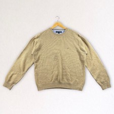 Tommy Hilfiger Sweater Mens L Beige Knit Crewneck Pullover Flag Logo Preppy