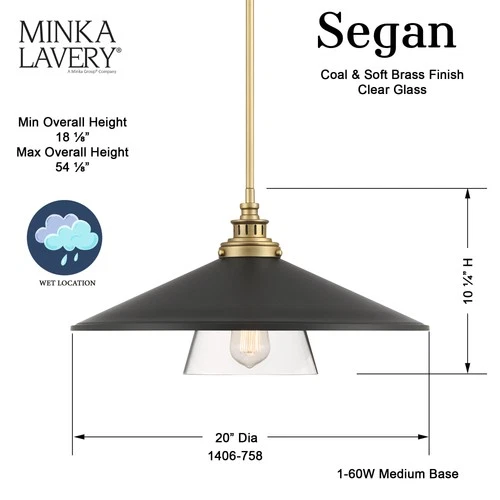 Minka Lavery 1406 Segan 1 Light 20"W Pendant - Coal / Soft Brass - Picture 5 of 8