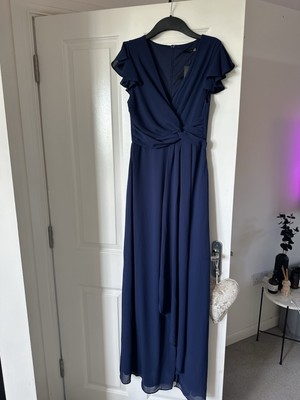 TFNC Bridesmaid Prom flutter sleeve ruffle maxi dress in navy / Blue Size 8  | eBay UK