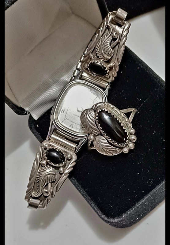 old pawn native American stirling silver hand made vtg watch ring matching set j
