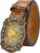 Cowgirl Big Buckle Longhorn Bull PU Leather Belt - Waist 25-38"