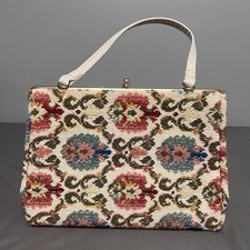 VTG Multicolor Tapestry Handbag W/ Gold Metal Frame Grandmacore 12x4.5x8.5  
