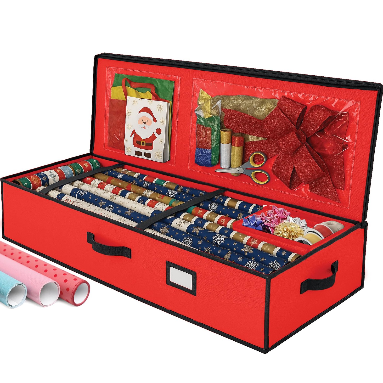Durable Christmas Wrapping Paper Organizer Storage Box, Straps & Pockets, Gift